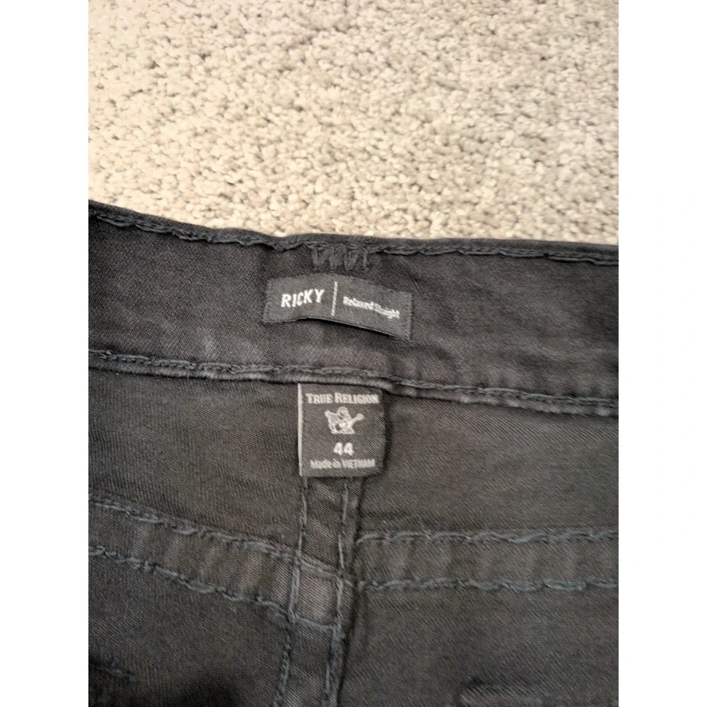 True Religion Ricky Relaxed Straight Black Jeans Mens 44 Thick Stitch Streetwear
